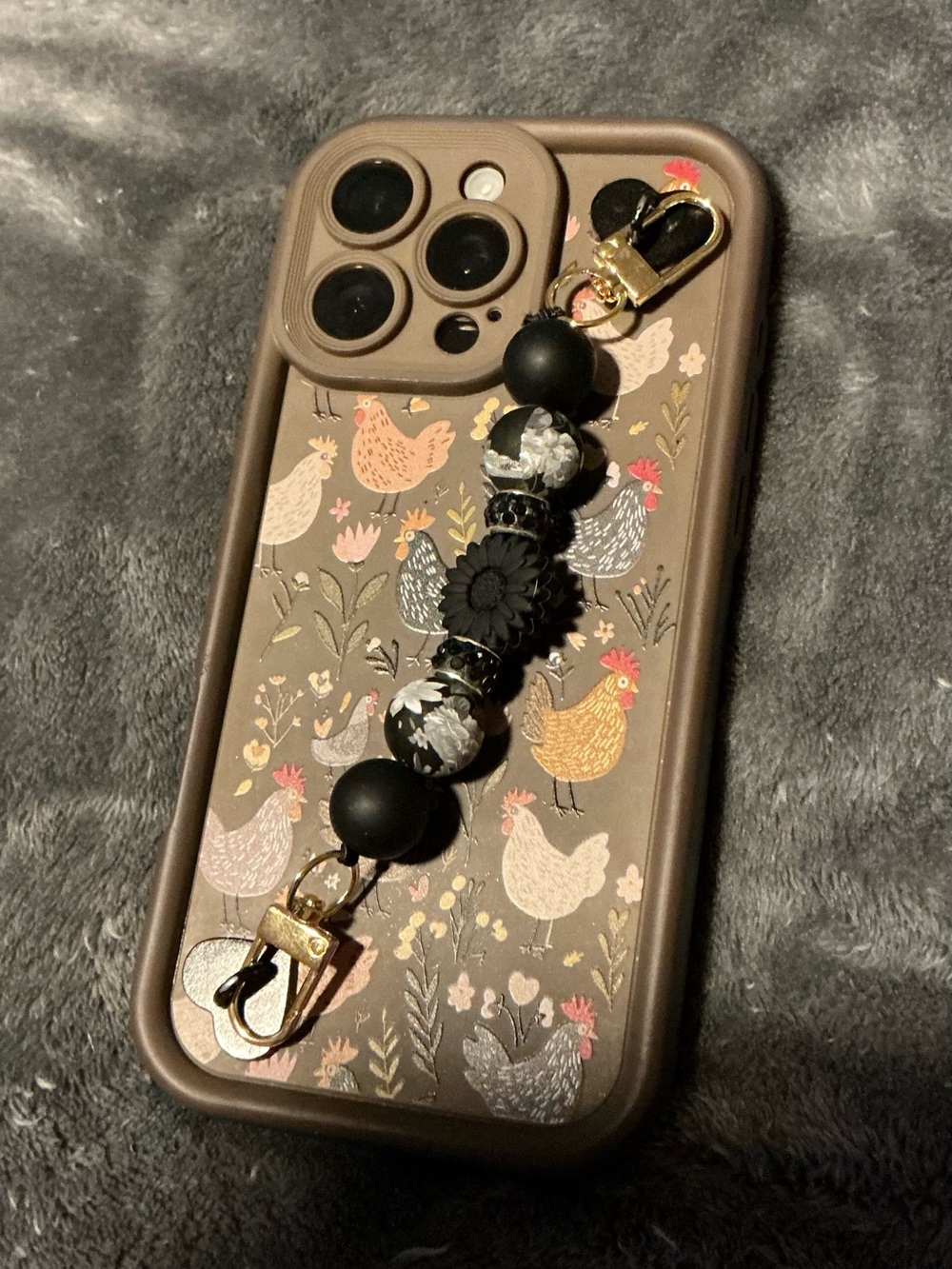 Black Floral Beaded Phone Wrist Strap with Gold Hardware